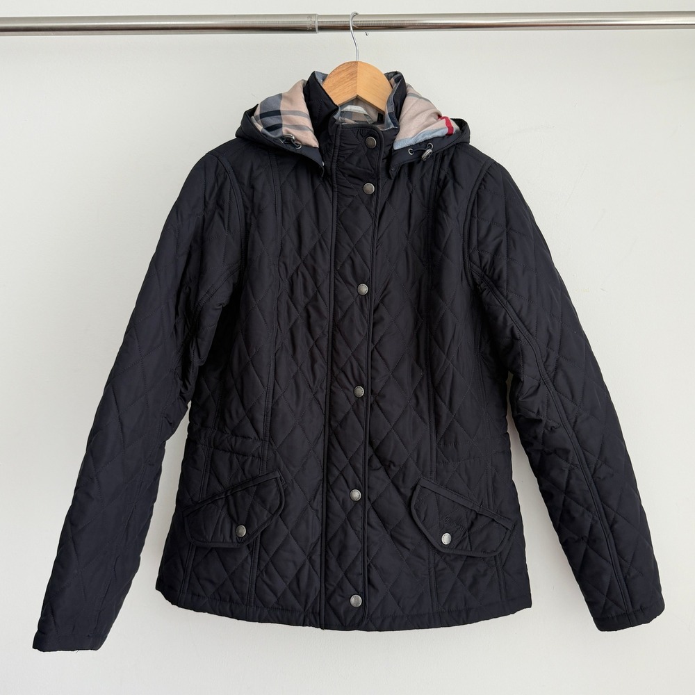 Barbour Jacket Womens 8 Black Millfire Diamond Quilted Tartan Plaid Hooded UK 12